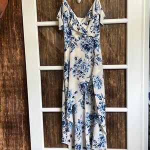 ✨By & By White and Blue Floral Asymmetrical Off the shoulder Shorts Romper